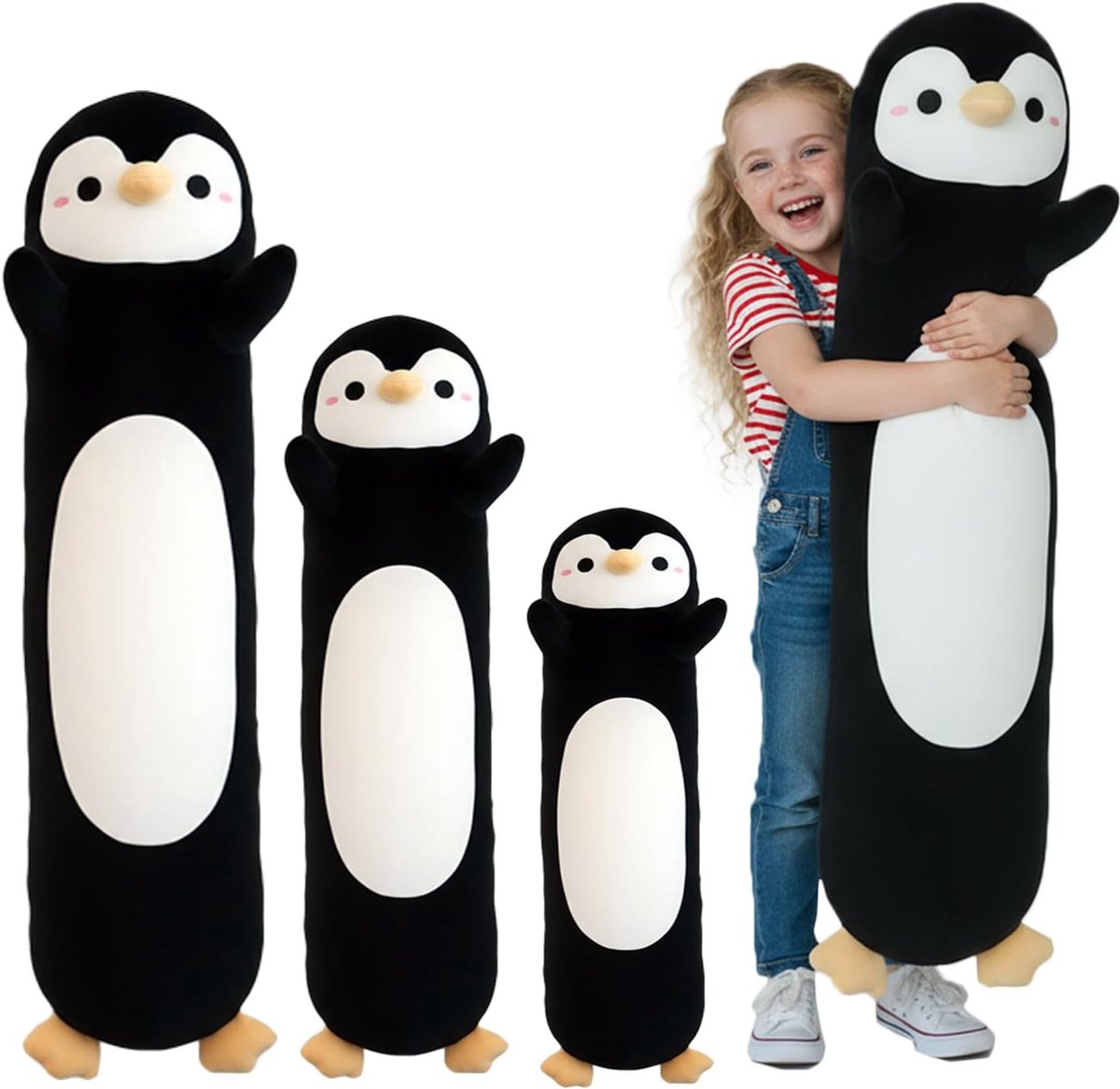 Knuffel Pinguïn, Lang Pinguïn Knuffelkussen, Extra Zachte Knuffeldier als Lichaamskussen, Kerstcadeau voor Kinderen & Volwassenen (Zwart, 90cm/35.43in)