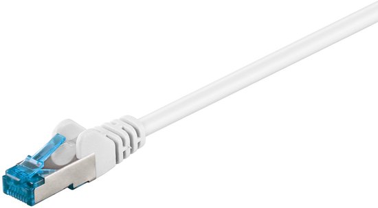 Câble réseau blanc CAT 6A avec un connecteur RJ45 bleu.
