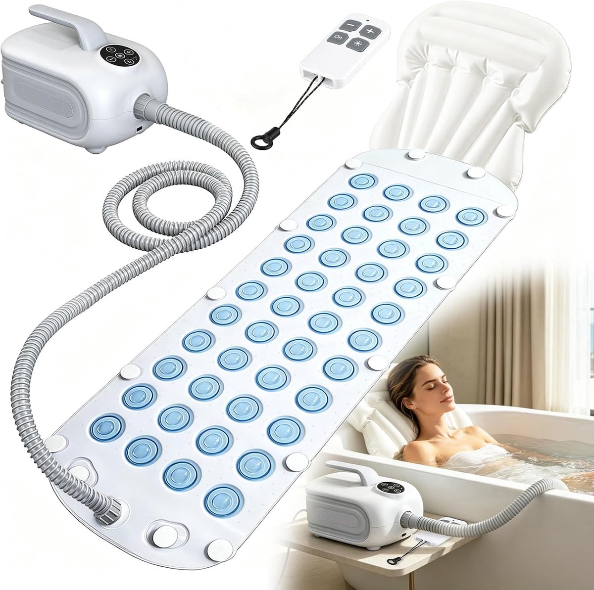 Mat voor Badkuip, 【2026 Upgrade】 Bad Spa Massage Mat met Opblaasbaar Kussen en Afstandsbediening, 6 Instelbare Bubbelstanden, 368 Luchtjets, Antislip Zuignappen, Stille Ontspanning
