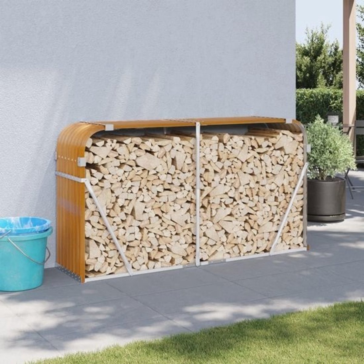 Houtopslag Voor Buitengebruik met Stalen Deksel en Houten Plank - 180 x 45 x 100 cm