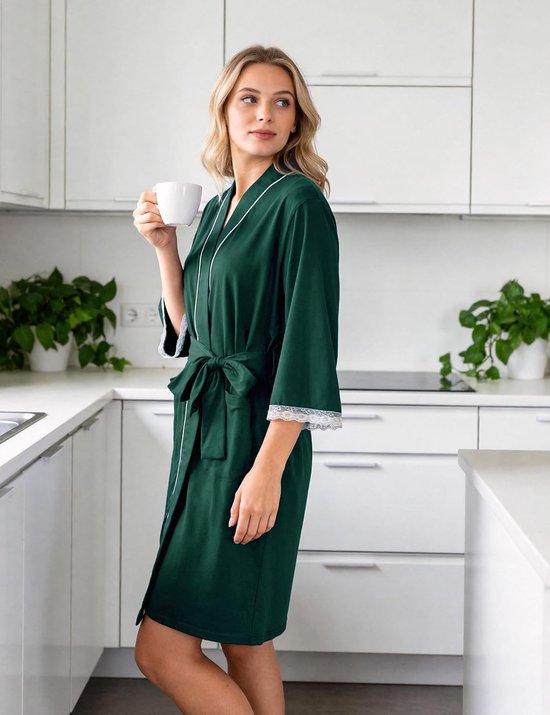 Ochtendjas lichtgewicht kant manchet zomer gewaden 3/4 mouw dames korte badjas met zakken spa hotel loungewear S-XXL — afbeelding 4