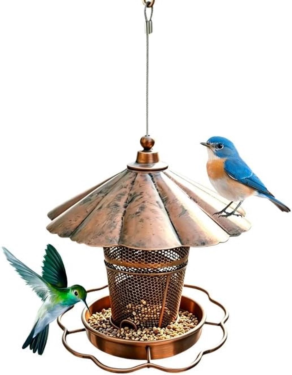 Vogelvoederdispenser om op te hangen, van metaal, in hoogte verstelbaar 30-45 cm, uittrekbare vogelvoederdispenser, vintage lotus-design, weerbestendig vogelvoederstation, wilde vogels, decoratie voor