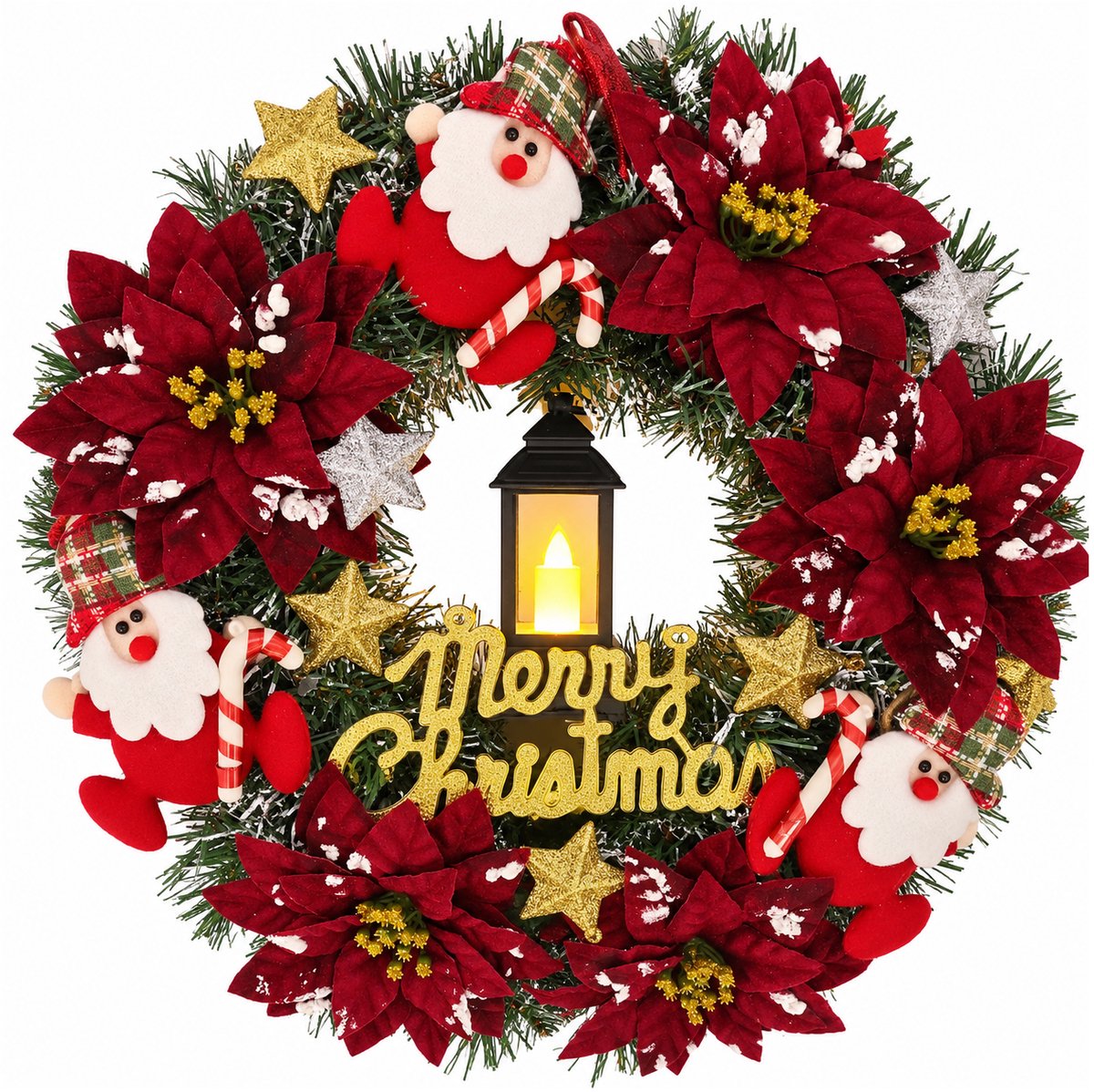 Sfeervolle Kerstkrans met Verlichting en Kerstman - Hangende Voordeurdecoratie - voor Woonkamer, Muur en Kerstfeest - 35cm