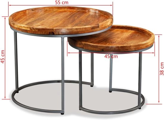 Bijzettafelset van 2 stuks, van massief mangohout, handgemaakt in vintage industriële stijl, opbergtafel en salontafel, met stabiele ijzeren poten, ruimtebesparend op te bergen — afbeelding 2