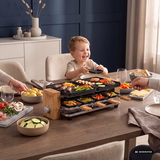 Princess gourmetstel 162955 Raclette en Steengrill Pure 8 Bamboe - Regelbare thermostaat - 1300W - 2 grillplaten en extra Steengrill - 8 pannetjes - 2 meter snoer - Parking deck voor ongebruikte pannetjes — afbeelding 5