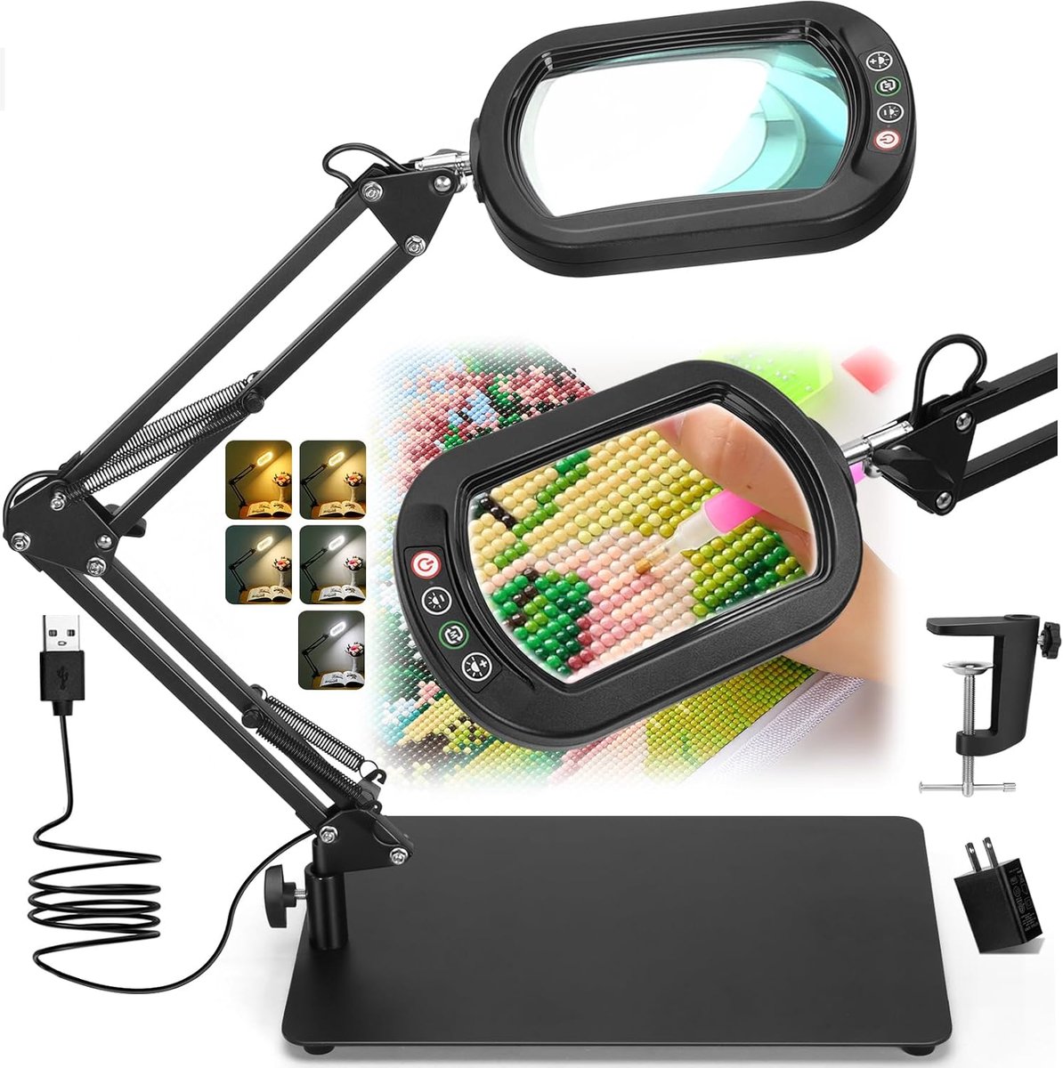 12x rechthoekige loep met licht en standaard, 5 kleurmodi traploos dimbaar, 2-in-1 led-verlichte bureaulamp en klem, handsfree leesloep voor lezen, handwerk, reparatie, schilderen