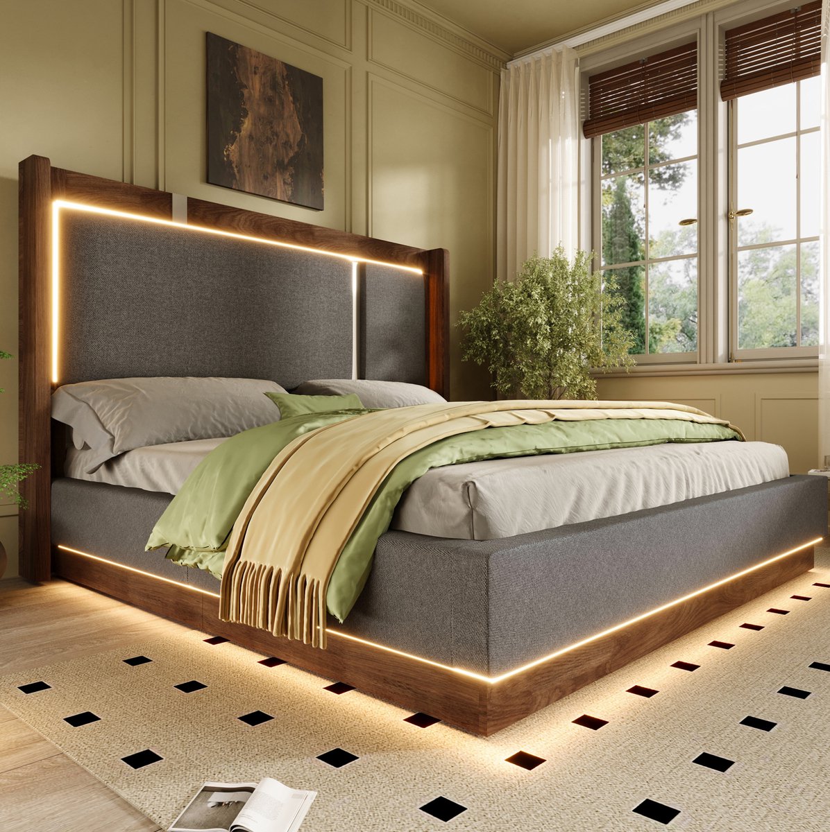 MEUNIQ Tweepersoonsbed 160x200 cm met lattenbodem, hydraulische opbergruimte, LED-verlichting en gestoffeerd hoofdbord voor slaapkamer, grijs walnoot