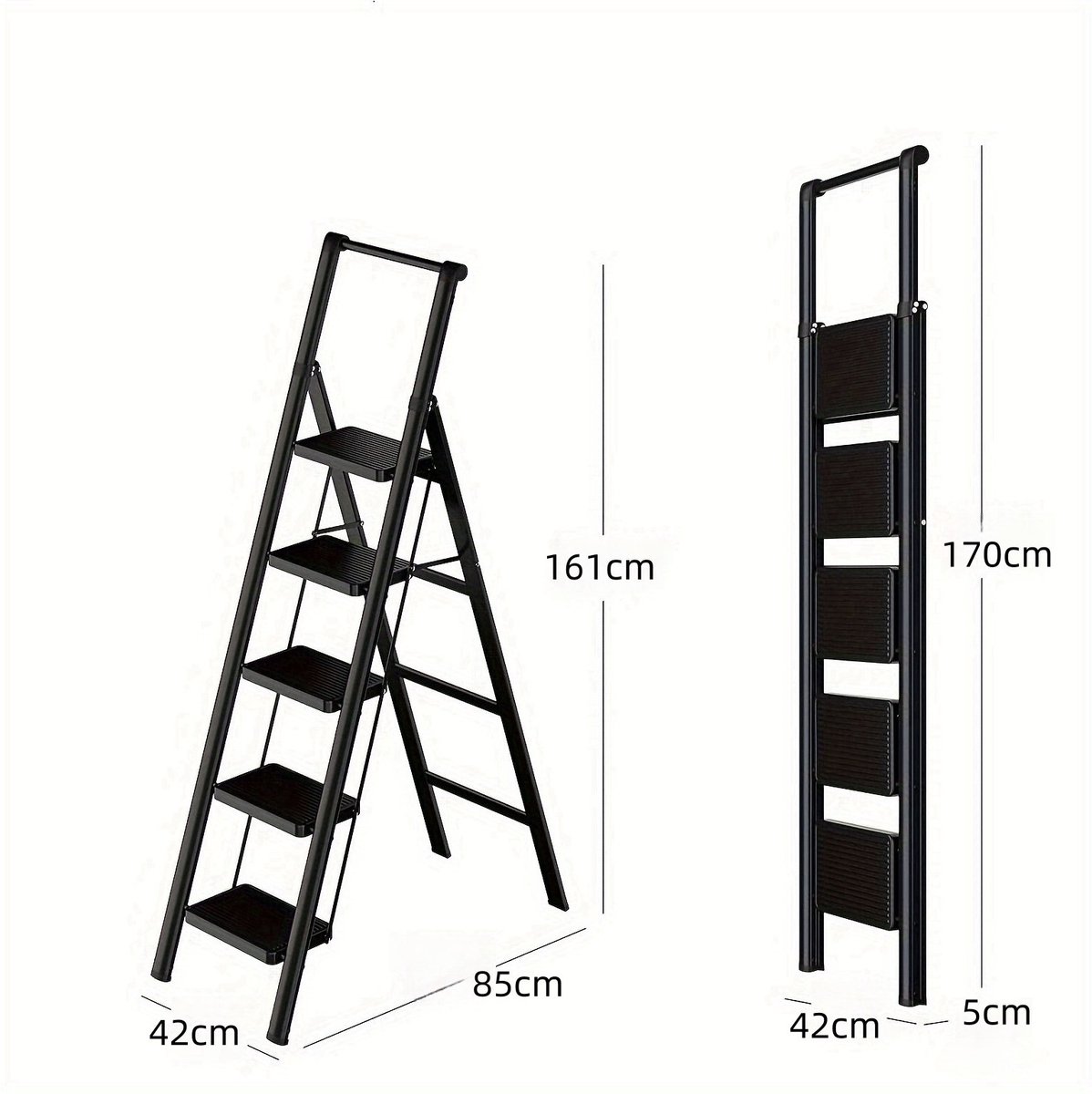 MEUNIQ 5-treeds vouwladder met brede antisliptreden en handgreep – inklapbare ijzeren huishoudtrap voor thuis en kantoor – zwart