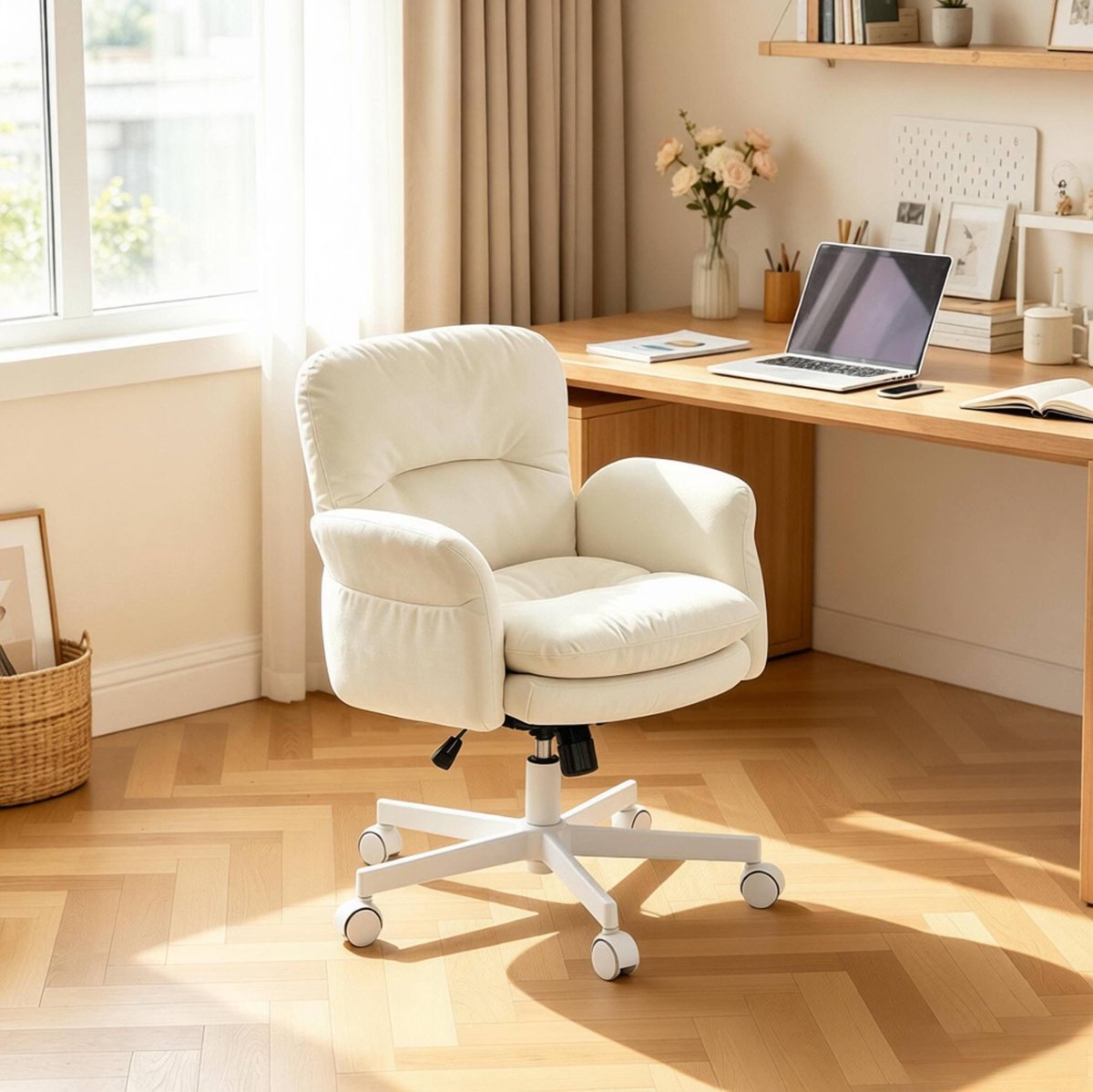 MEUNIQ Bureaustoel draaibaar 360° en hoogteverstelbaar, met verstelbare armleuningen, wielen en chenille bekleding, beige, voor thuiskantoor