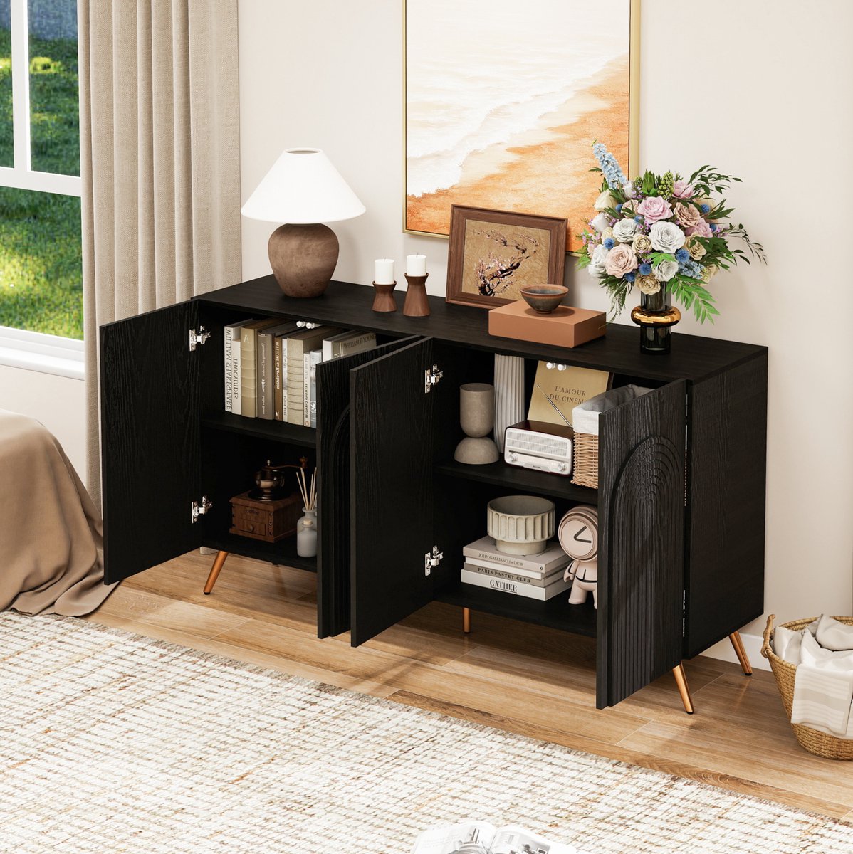 MEUNIQ dressoir 150 x 38 x 83 cm met verstelbare planken, boogdeuren en 3D-groeven, zwart met goudkleurige metalen poten