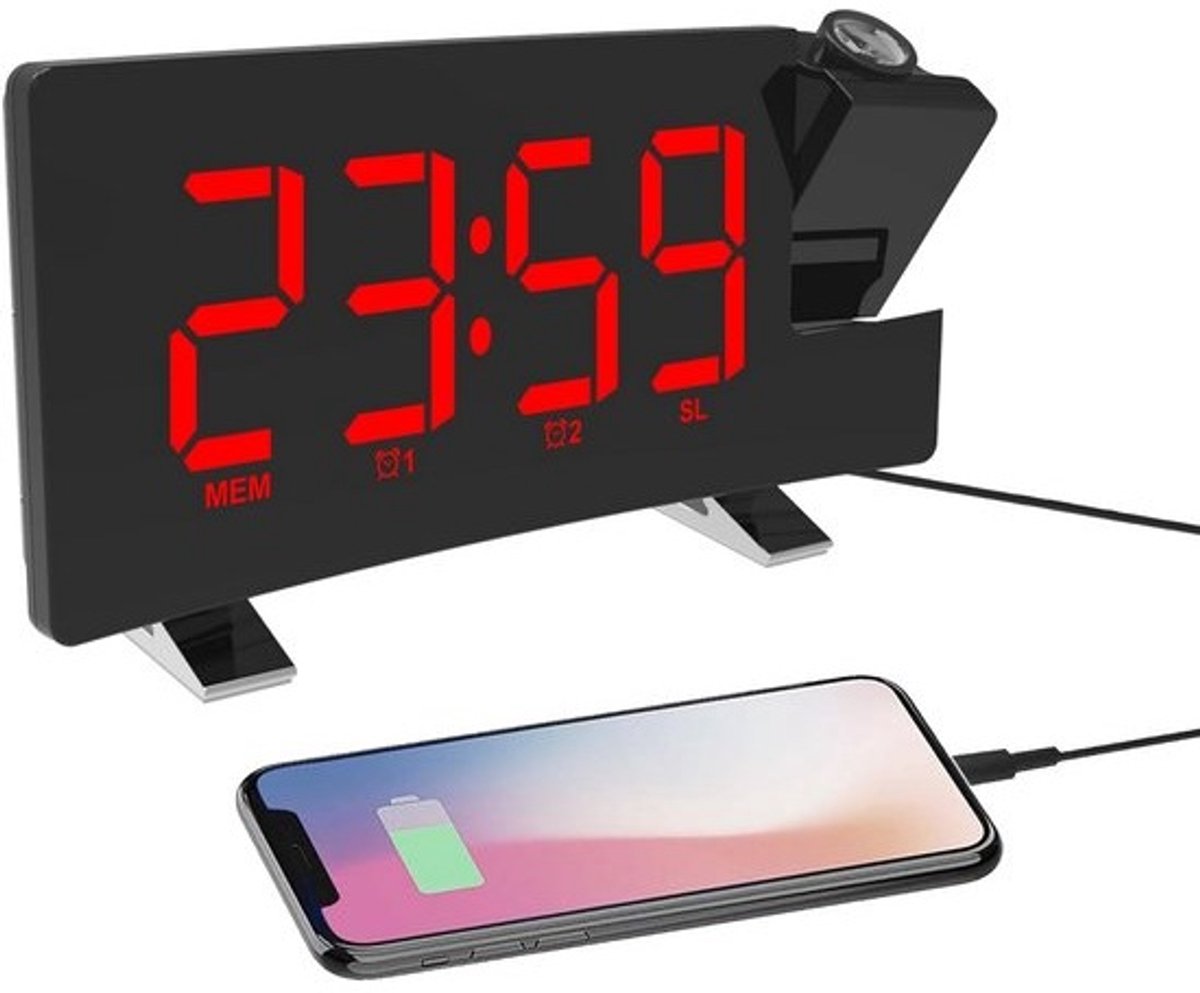 Projectiewekker met Radio, USB Oplader en Dimbaar Groot LED Display