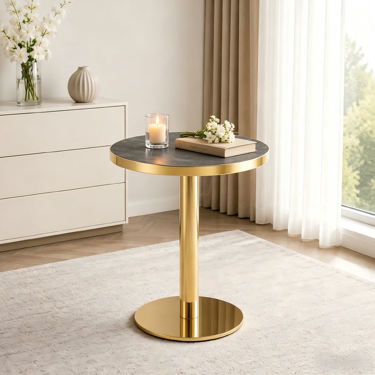 MEUNIQ ronde bijzettafel Ø 60 cm en 74 cm hoog met UV-gecoat MDF blad in marmerlook, goudkleurig RVS onderstel en ronde voet voor woonkamer of slaapkamer Grijs en goud