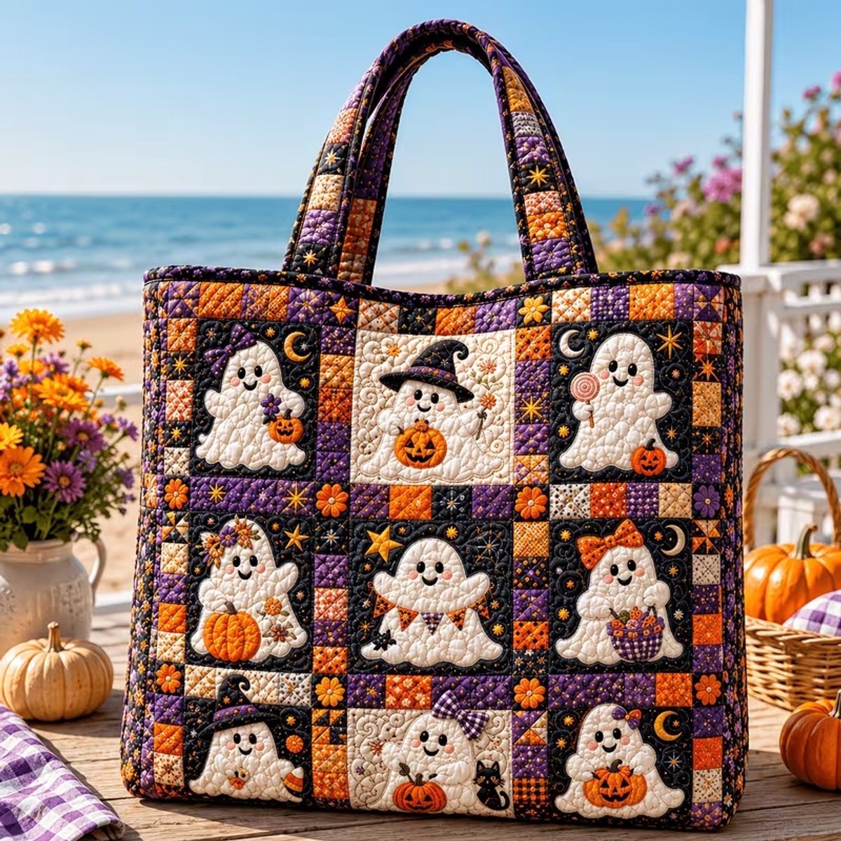 Halloween draagtas 2026 met een schattig spookjespatroon, gewatteerde schouderbanden en originele prints van pompoenen, katten, heksen, enz. Herbruikbare verticale draagtas, maat S: 38 x 42 cm.
