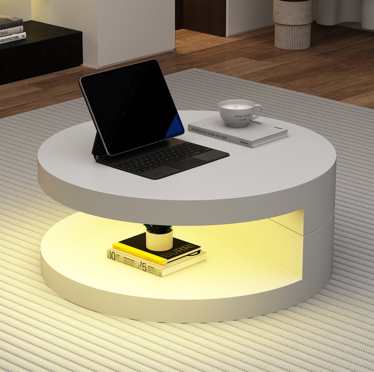MEUNIQ Ronde salontafel 70 x 70 x 35,5 cm met 360° draaibaar blad, LED-verlichting en dubbele laag voor woonkamer, wit MDF
