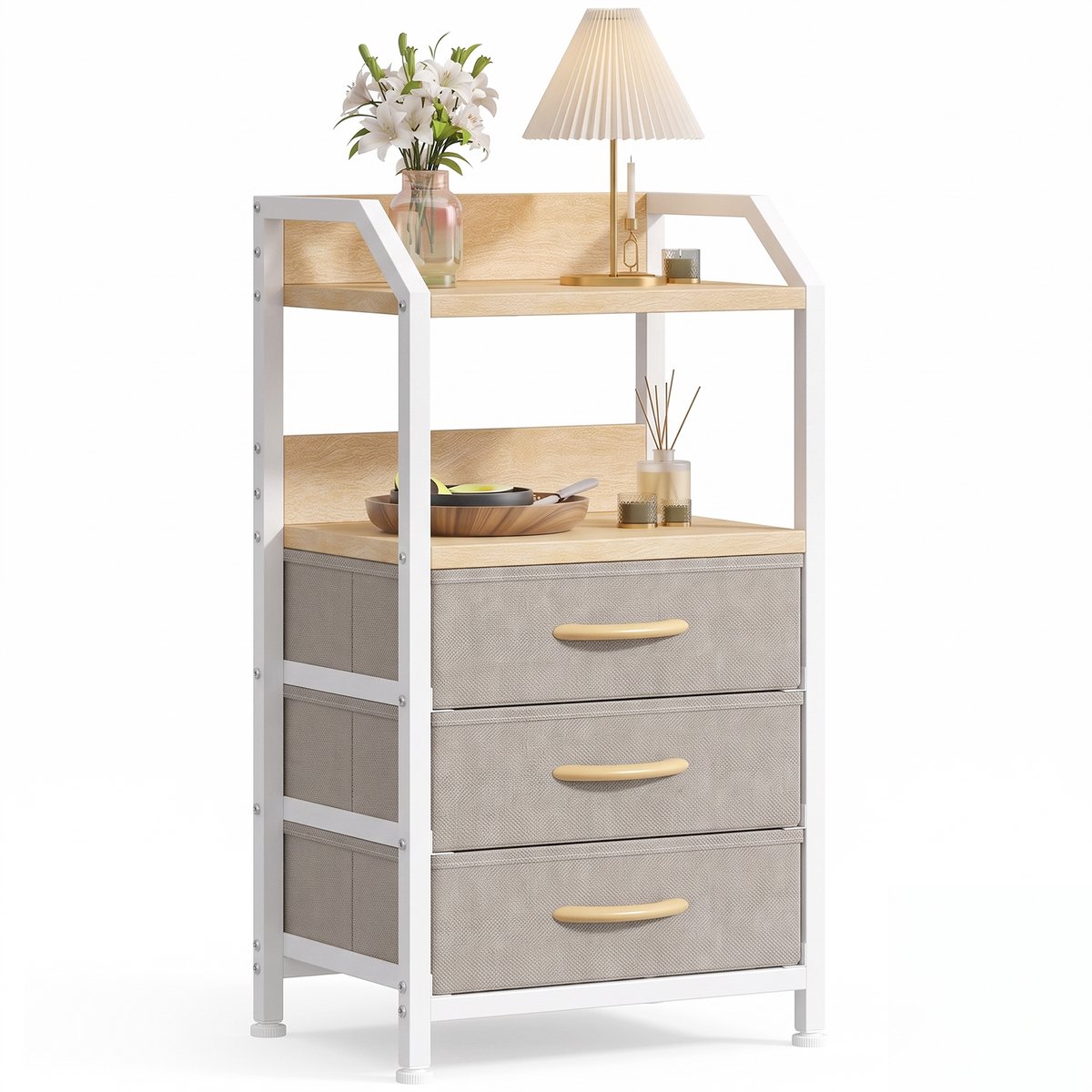 Hoog nachtkastje - 3 stoffen lades en open vak - Khaki en wit - MDF-blad in houtlook met opstaande rand - Verstelbare voeten - 40 x 30 x 75 cm
