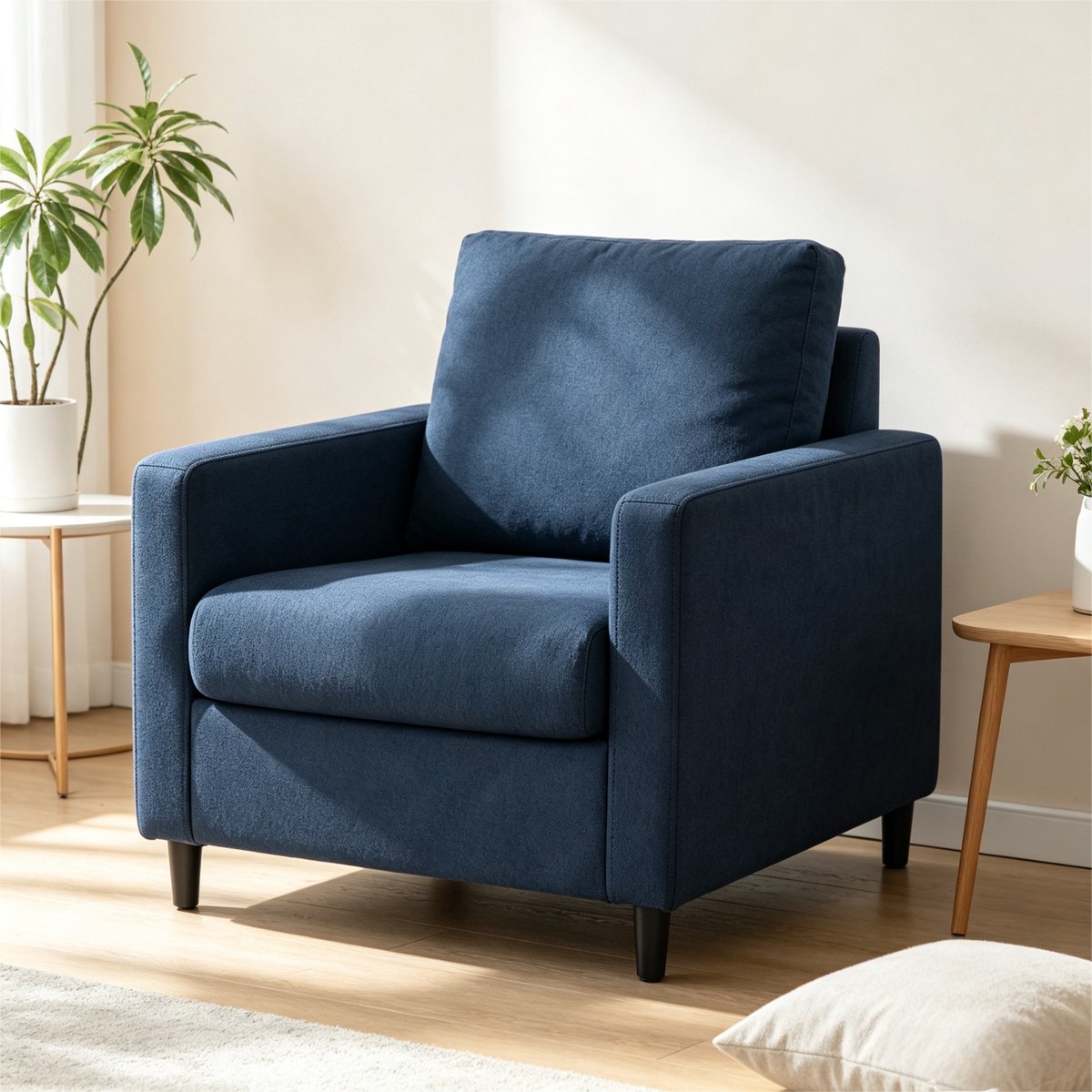 Compacte Chenille Accentstoel (33 inch) - Blauwgrijs - Ergonomische Leesstoel met Lendensteun - Hoogdicht Schuim en Pocketvering - Afneembare en Wasbare Hoes - Massief Houten Poten