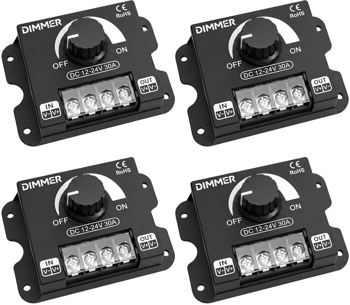 4 Stuks LED Dimmer DC 12V 24V, 30A PWM Dimming Schakelaar met Rotary Knop voor Enkele Kleur LED Strips, Verstelbare Helderheid en Dimming Functie