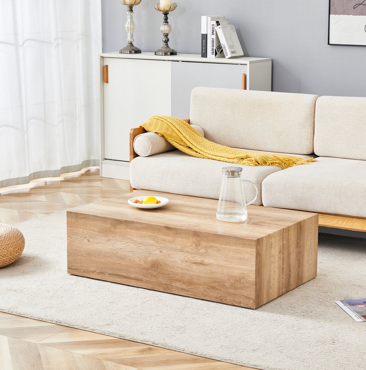 MEUNIQ rechthoekige salontafel 90 x 50 x 30 cm met lichte houtnerf, antislipvoeten en draagvermogen tot 100 kg voor de woonkamer Houtkleur