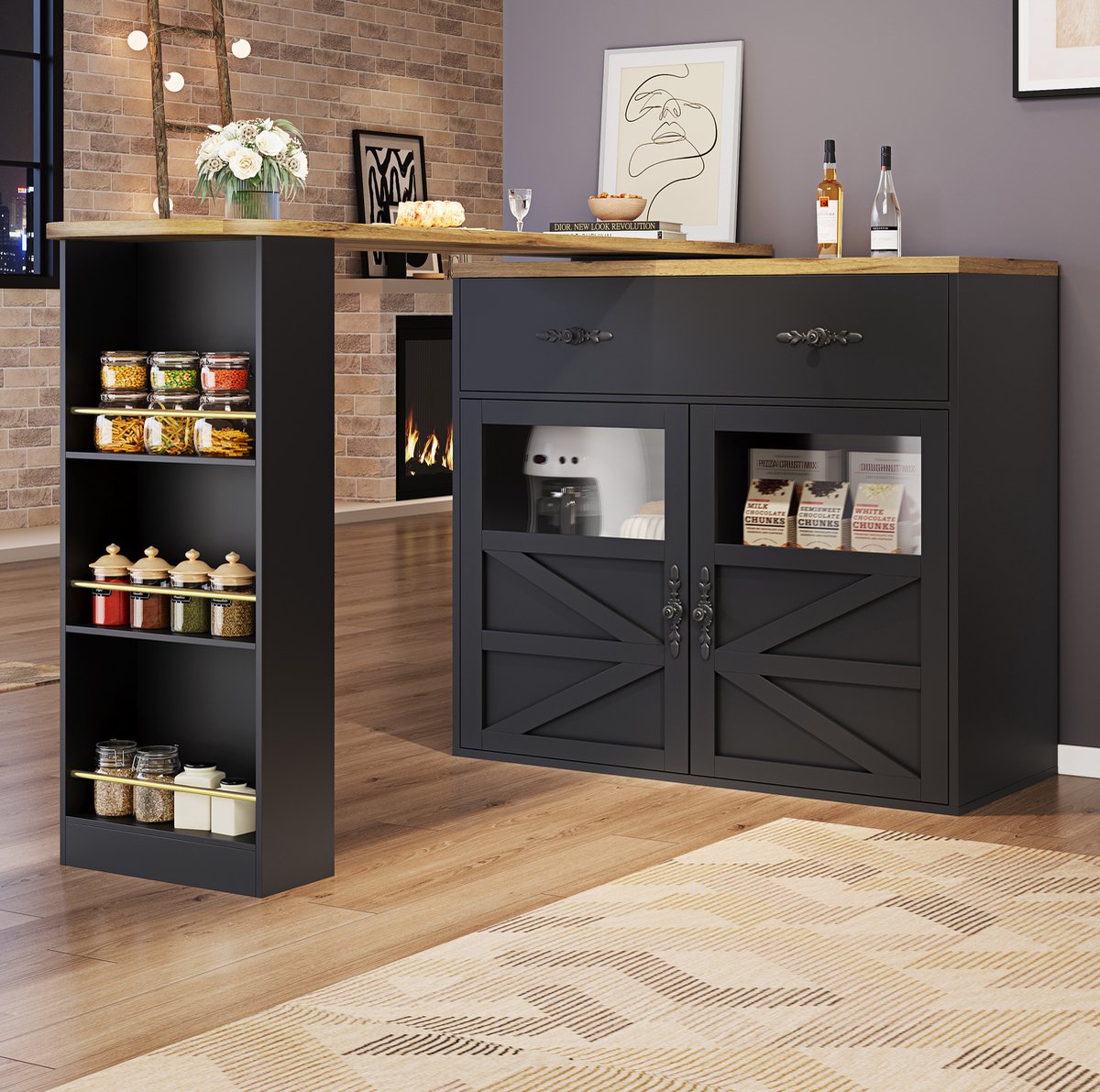 MEUNIQ Uitschuifbare bartafel 138-204 x 39 x 104 cm met 360° draaifunctie, lade, verstelbare planken en zijrek voor keuken of thuiswerkplek, zwart