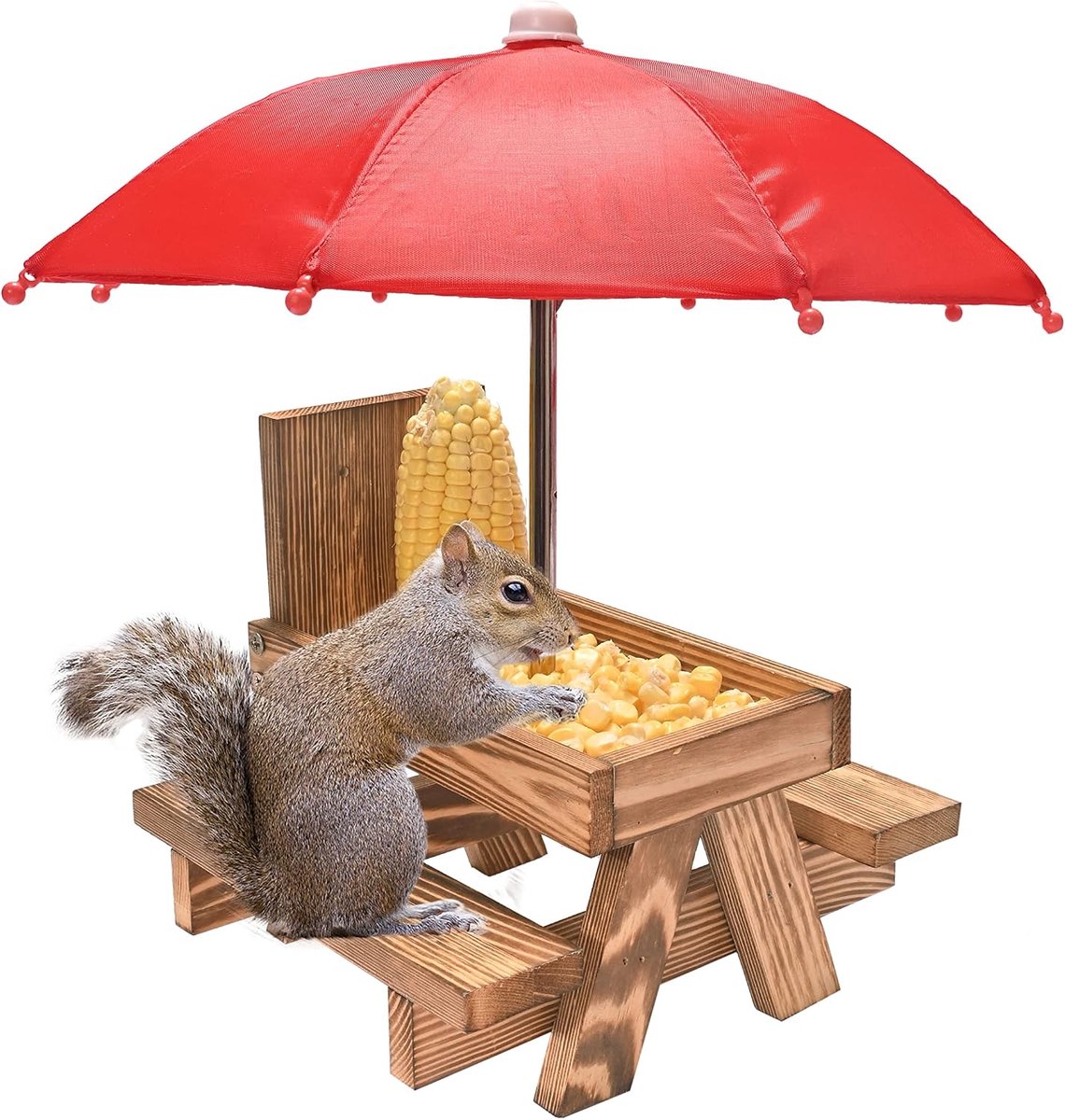 Eekhoorn Feeder Picknicktafel - met paraplu en maïskolfhouder - schattig tuinornament - geniet van eekhoorns in je tuin - ShopVlot