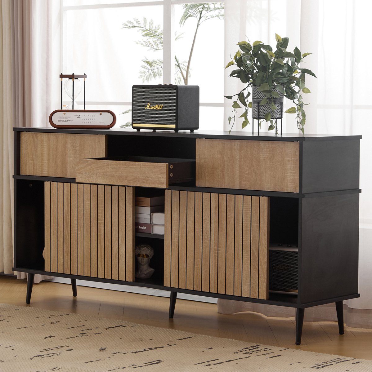 MEUNIQ Dressoir 160 x 40 x 80 cm met 4 schuifdeuren, lade, verstelbare planken en open vak, zwart en naturel, voor woonkamer of eetkamer