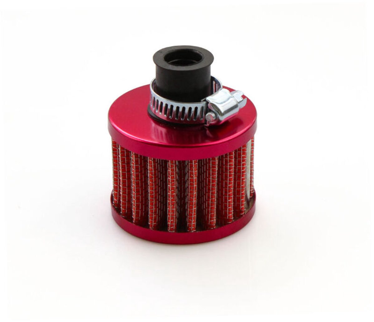 Een set van twee universele 12 mm auto-luchtfilters, koudeluchtinlaatfilters, rood.