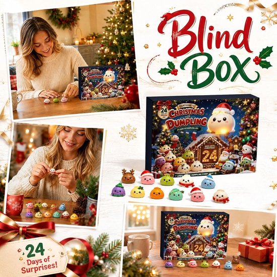 Vrolijke vrouw met een 'Countdown to Christmas with Dumpling' adventskalender en diverse dumpling squishies.