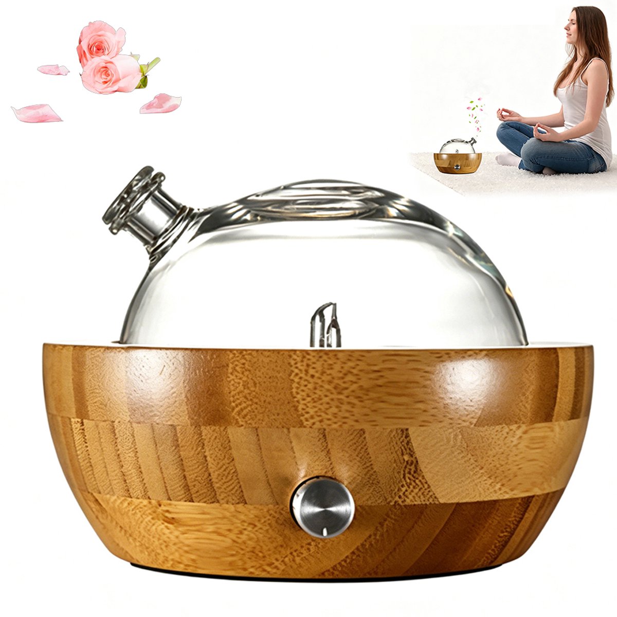 Aromadiffuser - Aromabevochtiger - Houten diffuser - Diffuser voor etherische oliën - Diffuser voor thuis - Stil - Gemaakt van glas en bamboe - Met LED-verlichting - Cadeau — cadeau in Wonen & Interieur - foto 2
