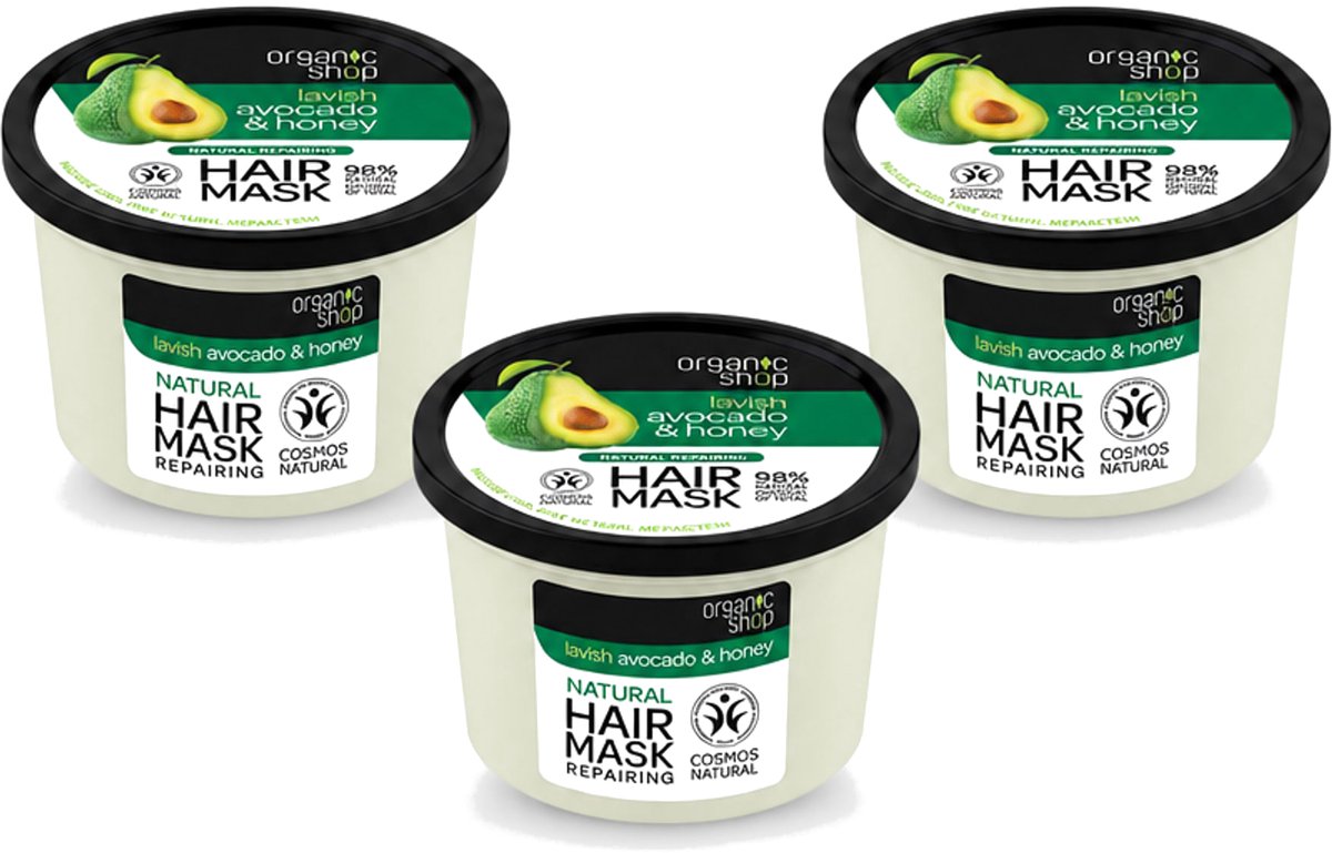 3 x Organic Shop - Haarmasker Avocado & Honey - Hydraterend en Verzachtend - 250 ml - Voordeelverpakking - 3 stuks