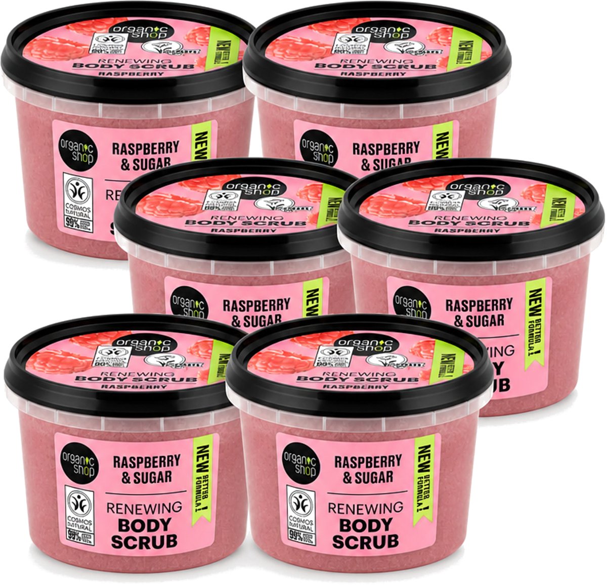 6 x Organic Shop - Organic Raspberry & Sugar Body Scrub - Verfrissend en Peeling - 250 ml - Voordeelverpakking - 6 stuks