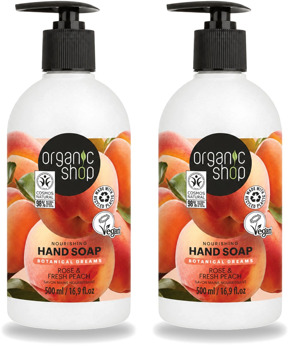 2 x Organic Shop - Handzeep Rose & Peach - Verzorgend en Hydraterend - 500 ml - Voordeelverpakking - 2 stuks