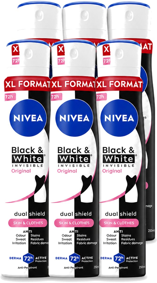 6 x Nivea - Deospray - Invisible Black & White Original - 48 Uur Lang Werkend - 250 ml - Voordeelverpakking - 6 stuks