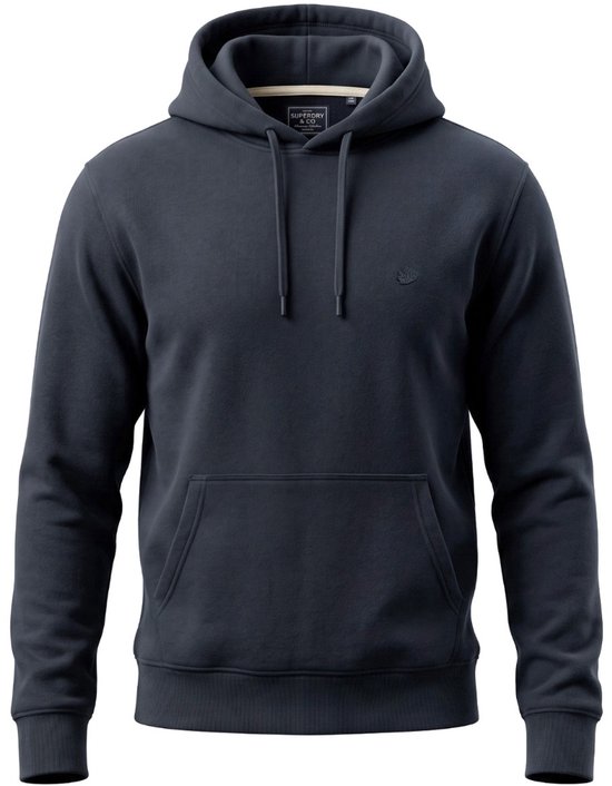 Donkerblauwe Superdry hoodie met trekkoorden, kangoeroezak en geborduurd logo op de borst.