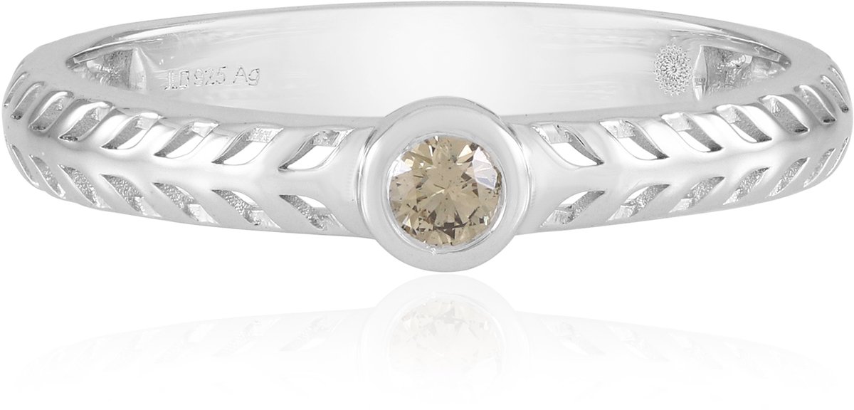 Cavill - Elegante damesring 925 Sterling Zilver - 0,1 ct Champagne Diamant I2 - Ronde Briljant Bezel - Vlochten bandje - Gerhodineerd