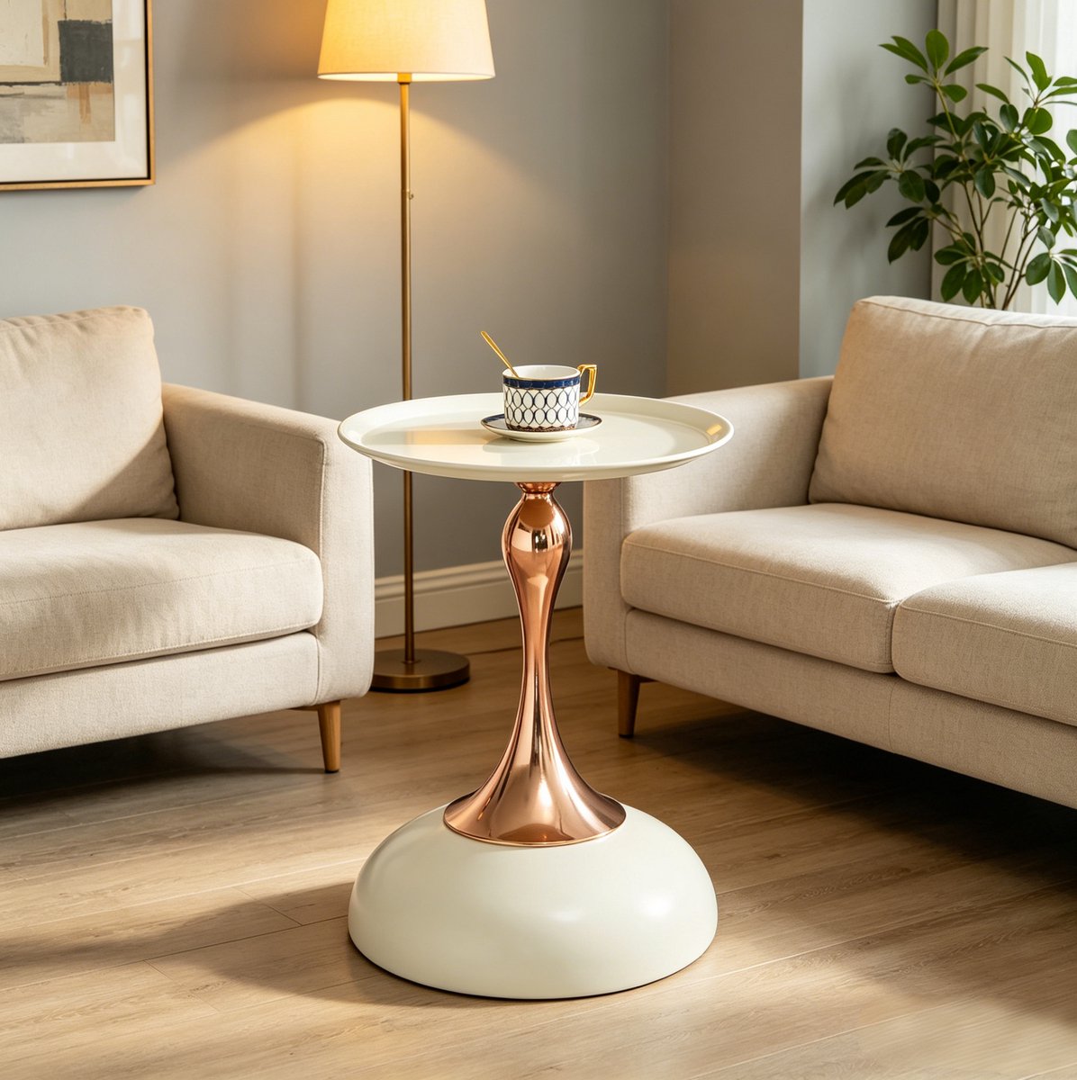 MEUNIQ Ronde bijzettafel 38 x 38 x 54 cm in wit en goud, moderne metalen tafel met rond tafelblad en centrale tafelvoet voor woonkamer, slaapkamer, bedzijde en balkon