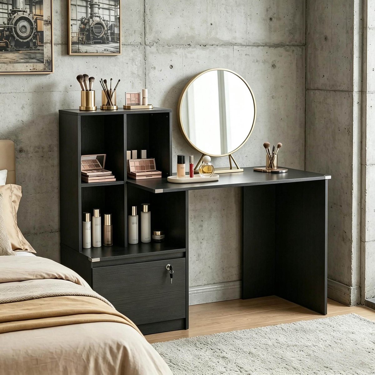 DESMIU Computerbureau – Met Opbergrek En Afsluitbare Lade – 126 x 50 x 109 cm – Spaanplaat – Zwart – Werkplek En Studie