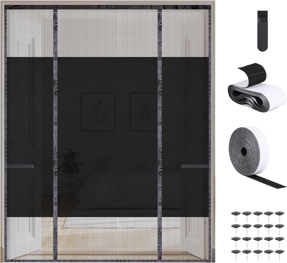 Magnetisch Vliegenraam voor Deuren 140 x 222 cm, Bescherming tegen Insecten, Muggennet met Privacy en Eenvoudige Installatie, Polyester zonder Gaten (3 Deuren)