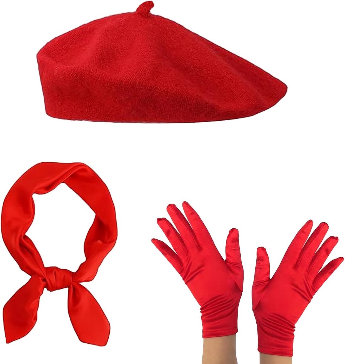Dames Basque Hoed in Rood met Stijlvolle Faux Hoed en Zijde Sjaal, Perfect voor Carnaval, Theater en Artistiek Kostuum, Inclusief Handschoenen en Neckerchief