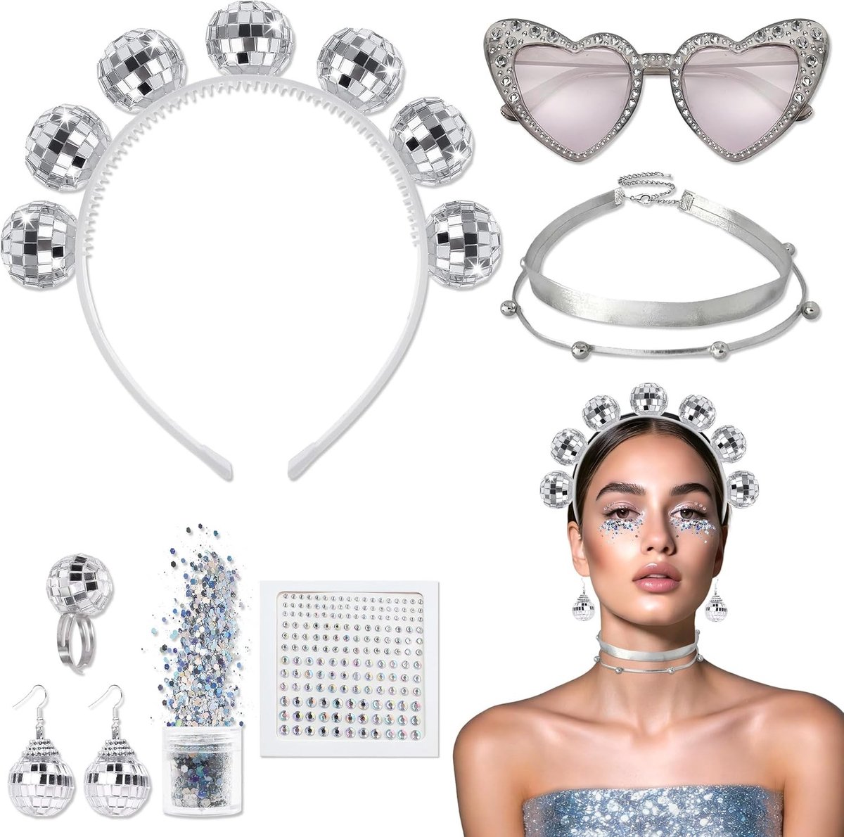 Disco Ball Kostuum Accessoires Set voor Vrouwen - Haarband, Oorbellen, Ring, Ketting en Glitter Bril voor Feestjes en Themafeesten
