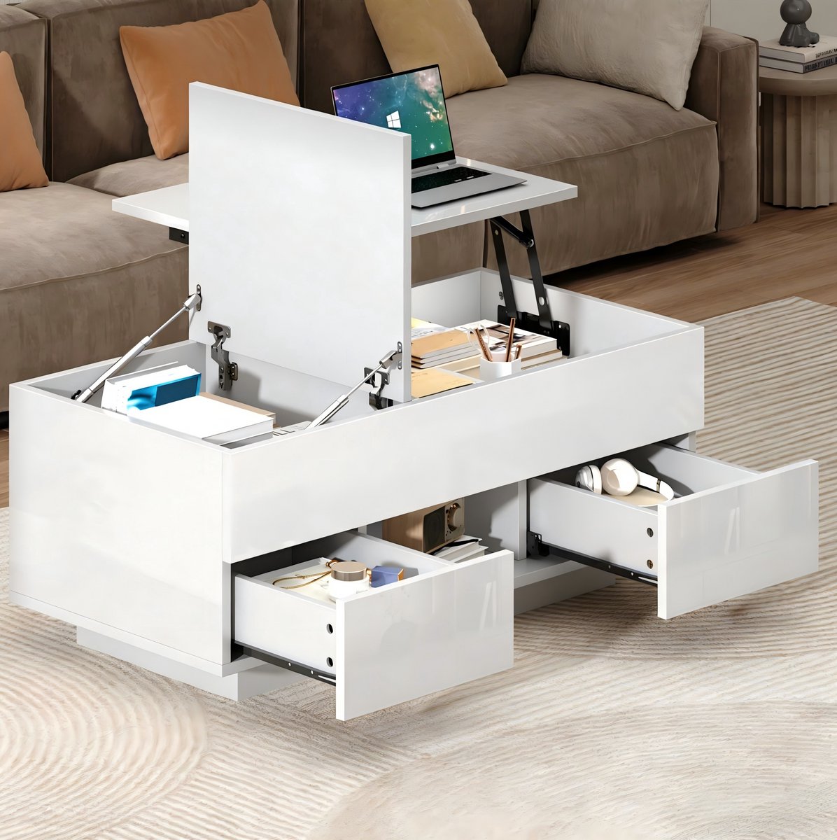 MEUNIQ Salontafel 100 x 45 x 43 cm met opklapbaar en hoogteverstelbaar blad, 2 lades, verborgen opbergruimte en LED-verlichting voor woonkamer, wit hoogglans
