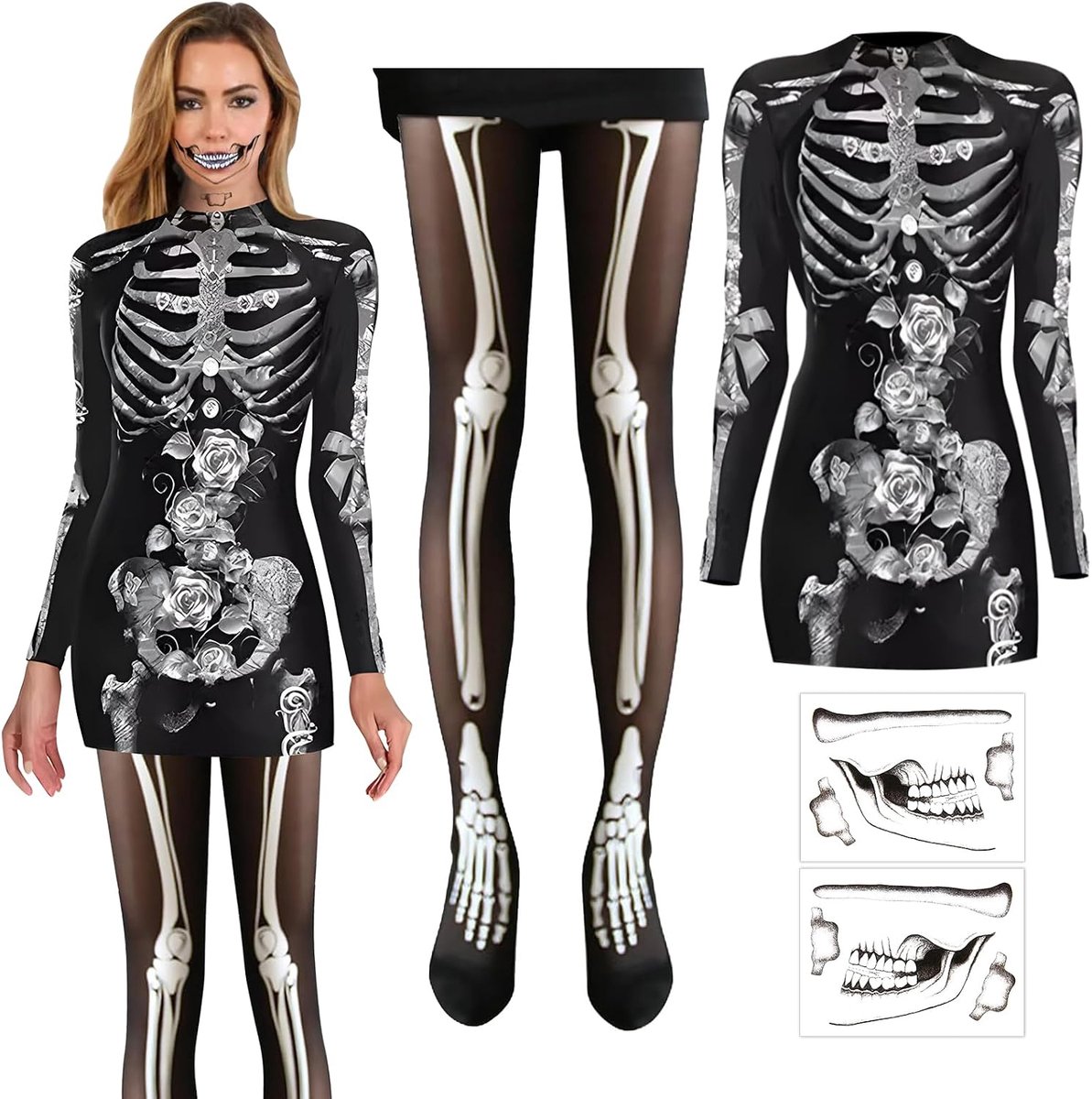 Dames met 1 paar netpanty doodskop zwart, 2 x Halloween tatoeages doodshoofd skull om op te plakken, Halloween-kostuumaccessoires, Dag van de Doden, carnaval, cosplay