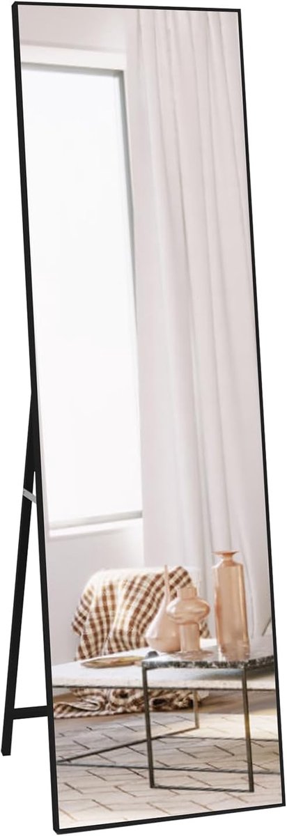 140 x 41 cm full-body spiegel met zwart frame en splinterbescherming, grote wandspiegel of staande spiegel, voor slaapkamer, badkamer, woonkamer of garderobe
