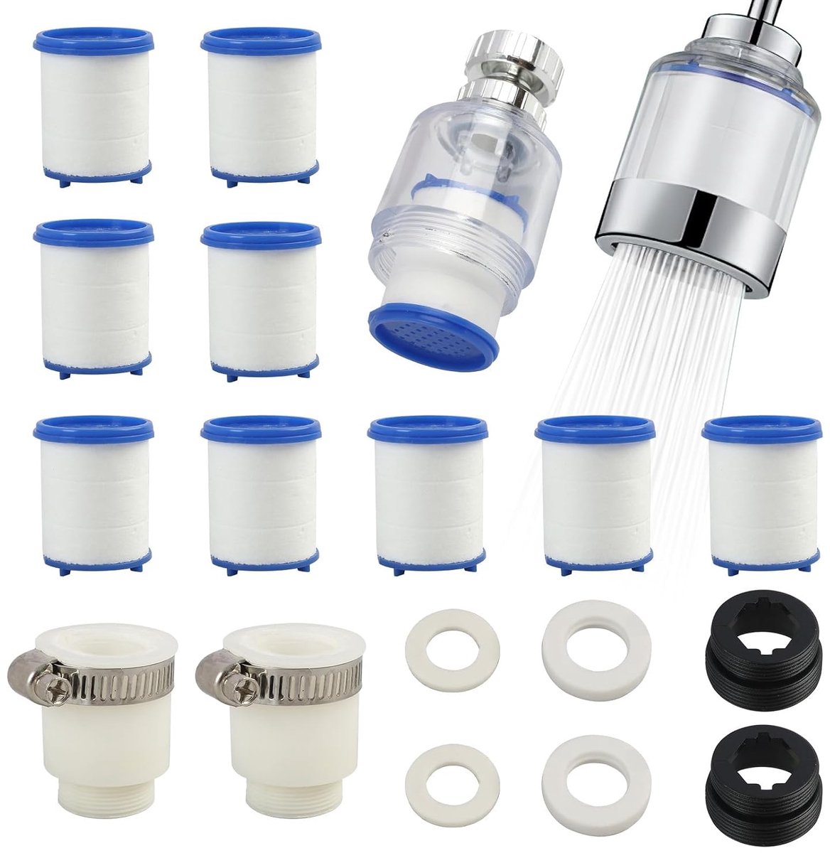 14-delige waterfilterset voor kranen: 2 stuks 360° draaibare waterkraanfilters, 9 stuks PP-katoenen filterelementen, 2 stuks universele interfaces - voor keuken, wastafel en badkamer