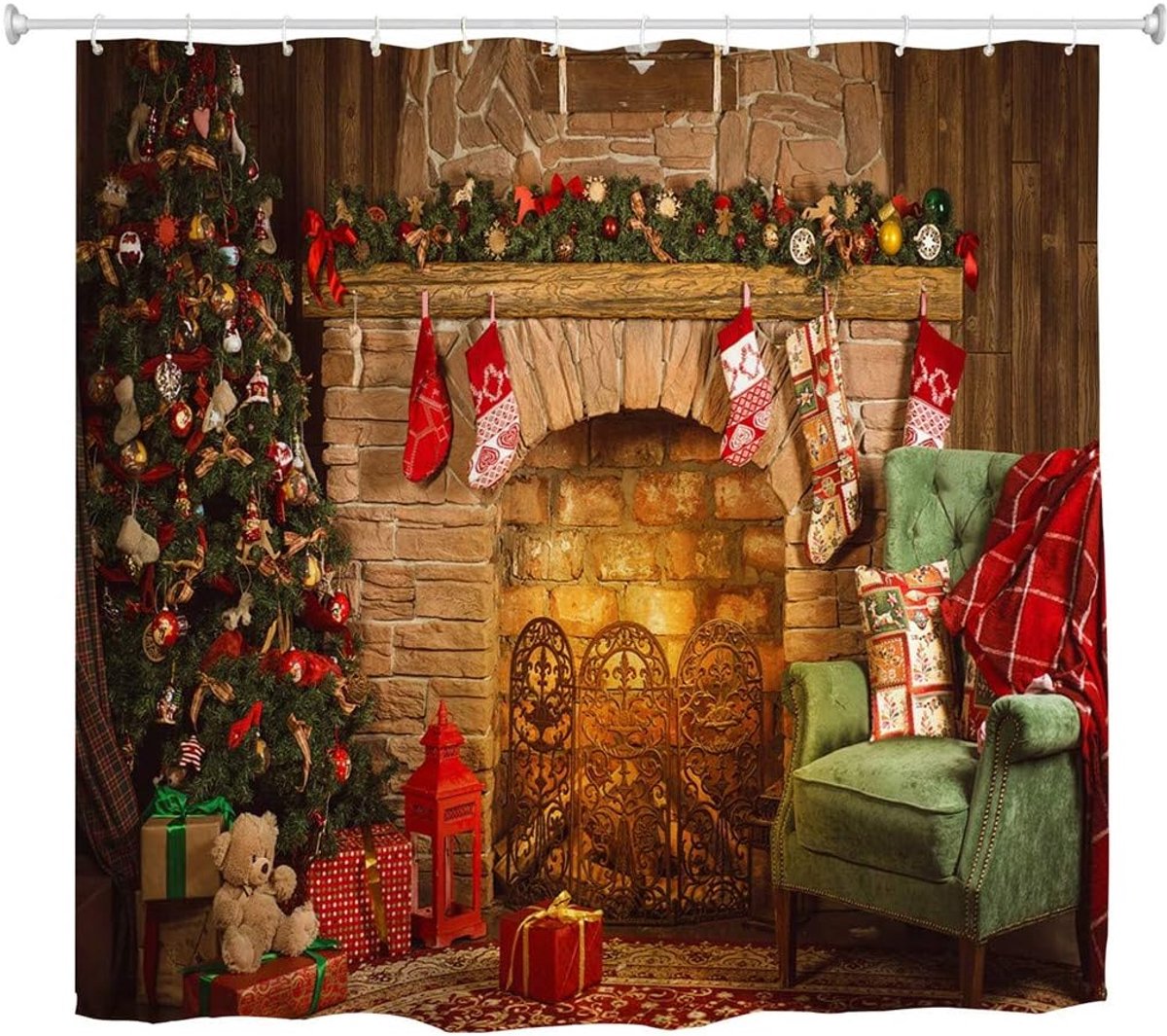 Christmas Shower Curtain, Happy New Year Xmas Trees Fireplace Brick Stockings Waterproof Bathroom Bath Curtains,72 x 72 Inch,Colorful