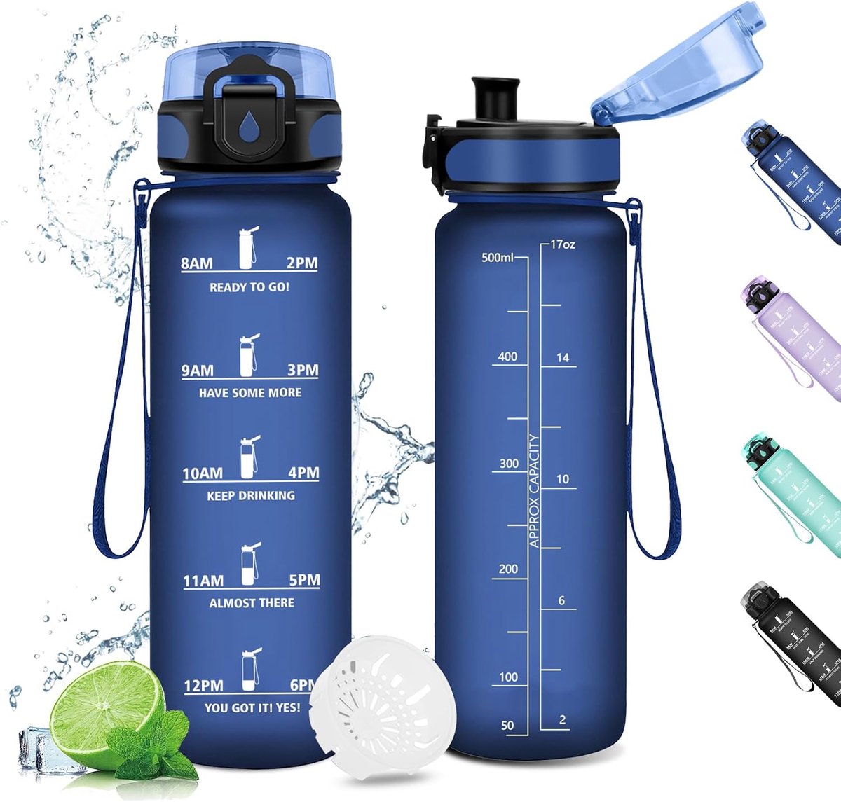 500 ml, drinkfles met filter, drinkfles voor kinderen, lekvrij, sportfles met motiverende tijdweergave, drinkflessen voor fiets, sportschool, school, gym