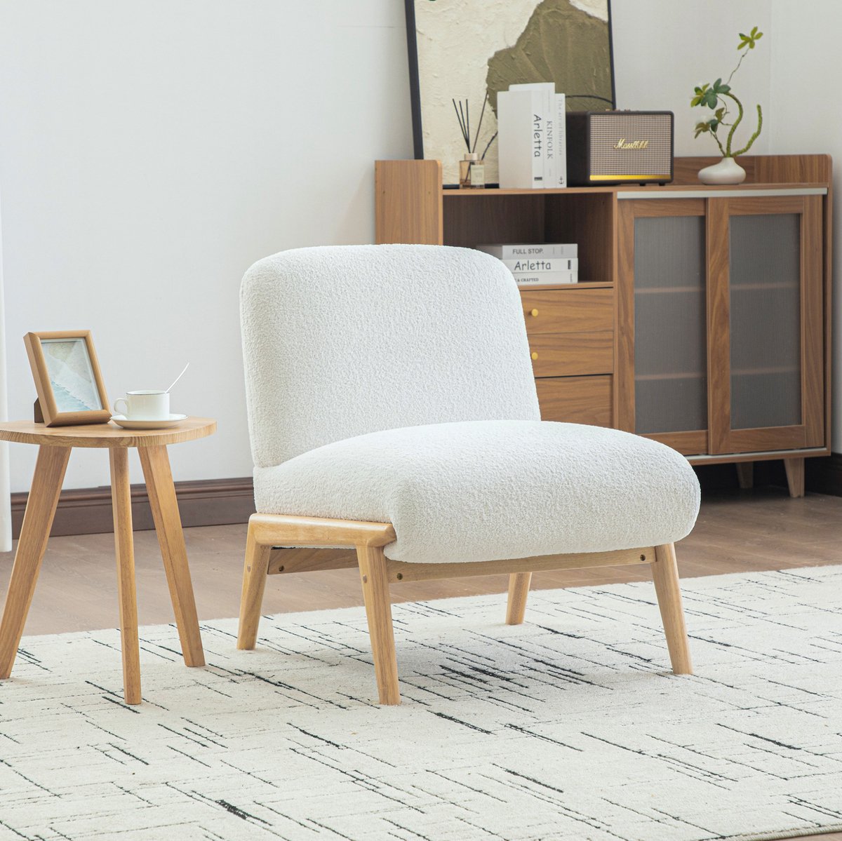 MEUNIQ Fauteuil zonder armleuningen van chenillestof met houten poten, 74 cm breed, ivoor, Scandinavische loungestoel voor woonkamer en slaapkamer