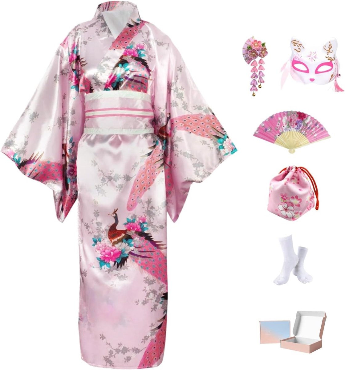 Japans Kimono Yukata Set,Satin Kimono-robe met Obi,Boog,Koordzak,Oplopend Waaier,Masker,Haarklem en Tabi-sokken in Geschenkkist,Dames Feestkleding Cosplay-kostuum voor Fotografie,Podium en Feest