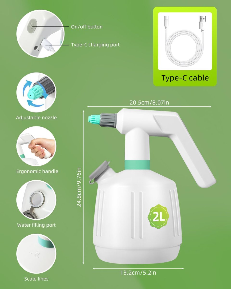 Elektrische spuitfles, 2L elektrische tuinsproeier voor binnen- en buitenplanten, USB oplaadbare batterij aangedreven, multifunctioneel te gebruiken voor tuinieren, bemesten, schoonmaken