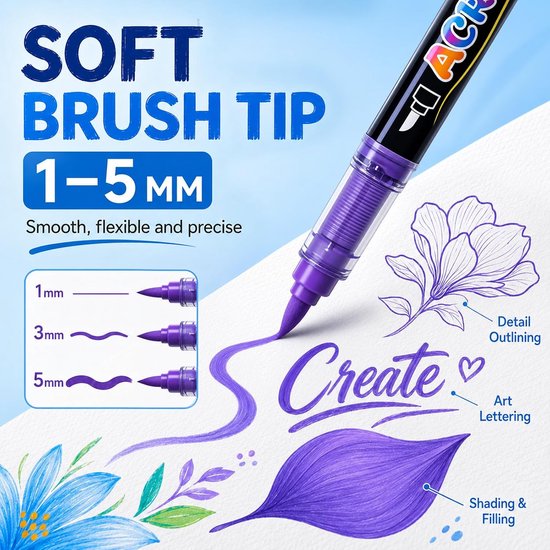 Verfstiften, professionele acrylmarkers met penseelpunt, waterbestendige verfstiften voor stenen schilderen, canvas, glas, hout en textiel — afbeelding 2