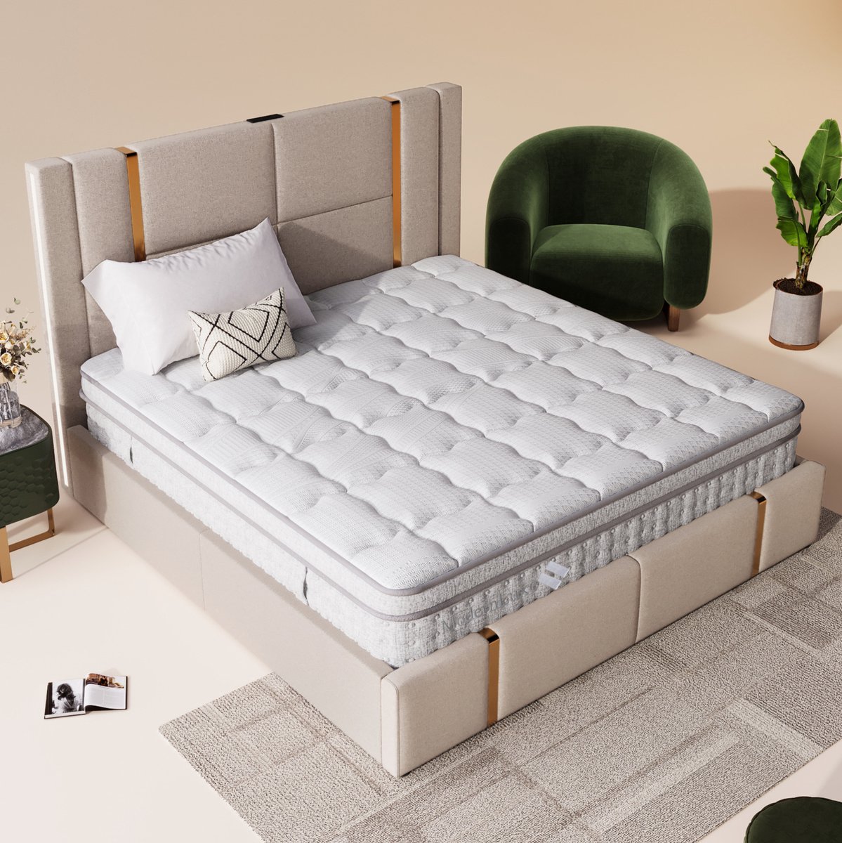 MEUNIQ Pocketveringmatras 140x200 cm H3 met 7 zones, koudschuim comfortlaag, 25 cm hoog, antislip onderzijde en handgrepen, wit
